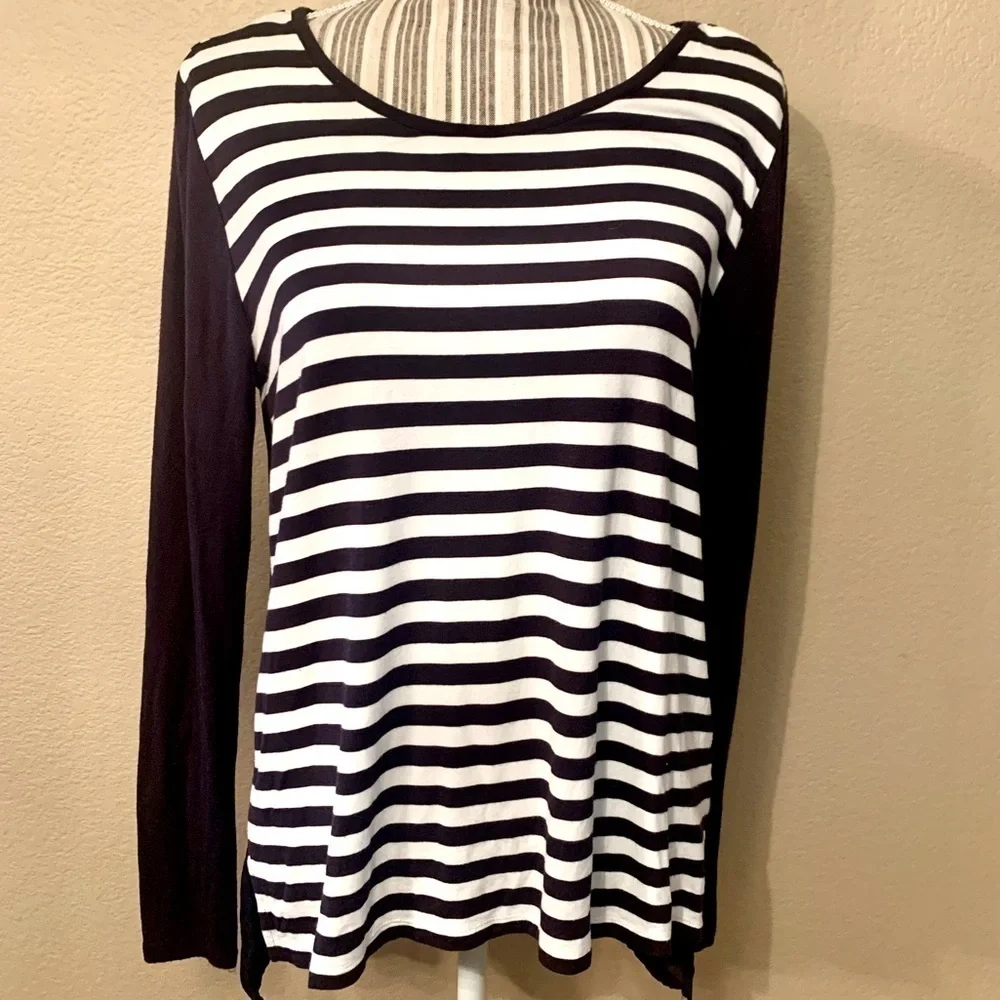 MK Michael Kors Tunic Top Small Navy Blue White Striped Front Sheer Back